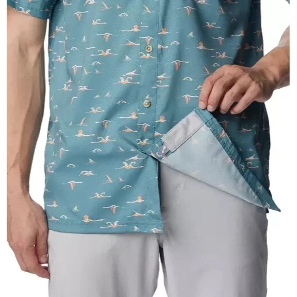 Columbia Mens PFG Super Slack Tide Short Sleeve Shirt Teal Tailfins Print Medium
